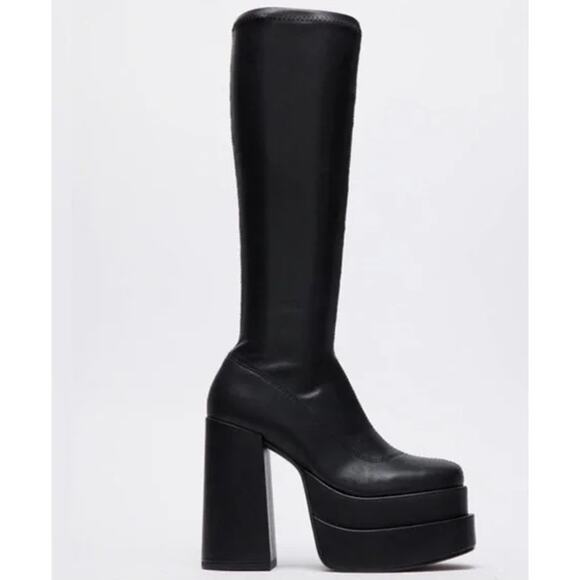 Steve Madden Ella Boots Knee High Platform Faux Leather Block Heeled. Black - Picture 3 of 13